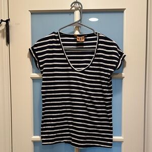 Tory Burch Striped Navy and Creme Women's Cotton Tee Size XXS